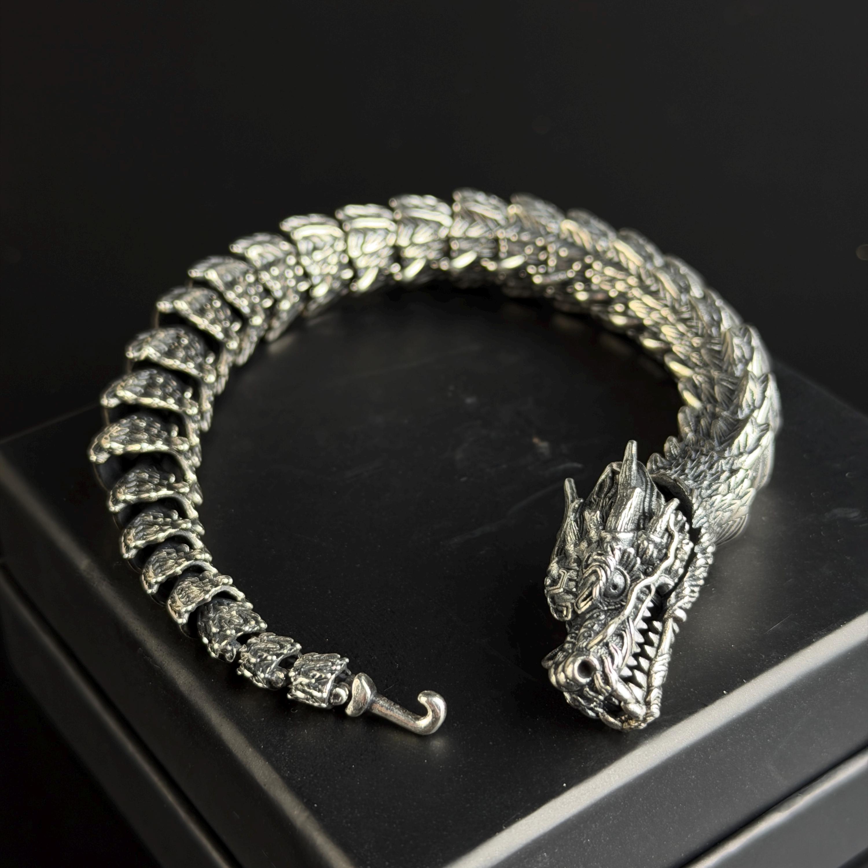 Silver Chinese Dragon Bracelet, Heavy Chain Dragon Bracelet, Mens