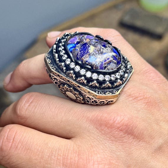 Anello da uomo con pietra turchese naturale, grande anello da uomo