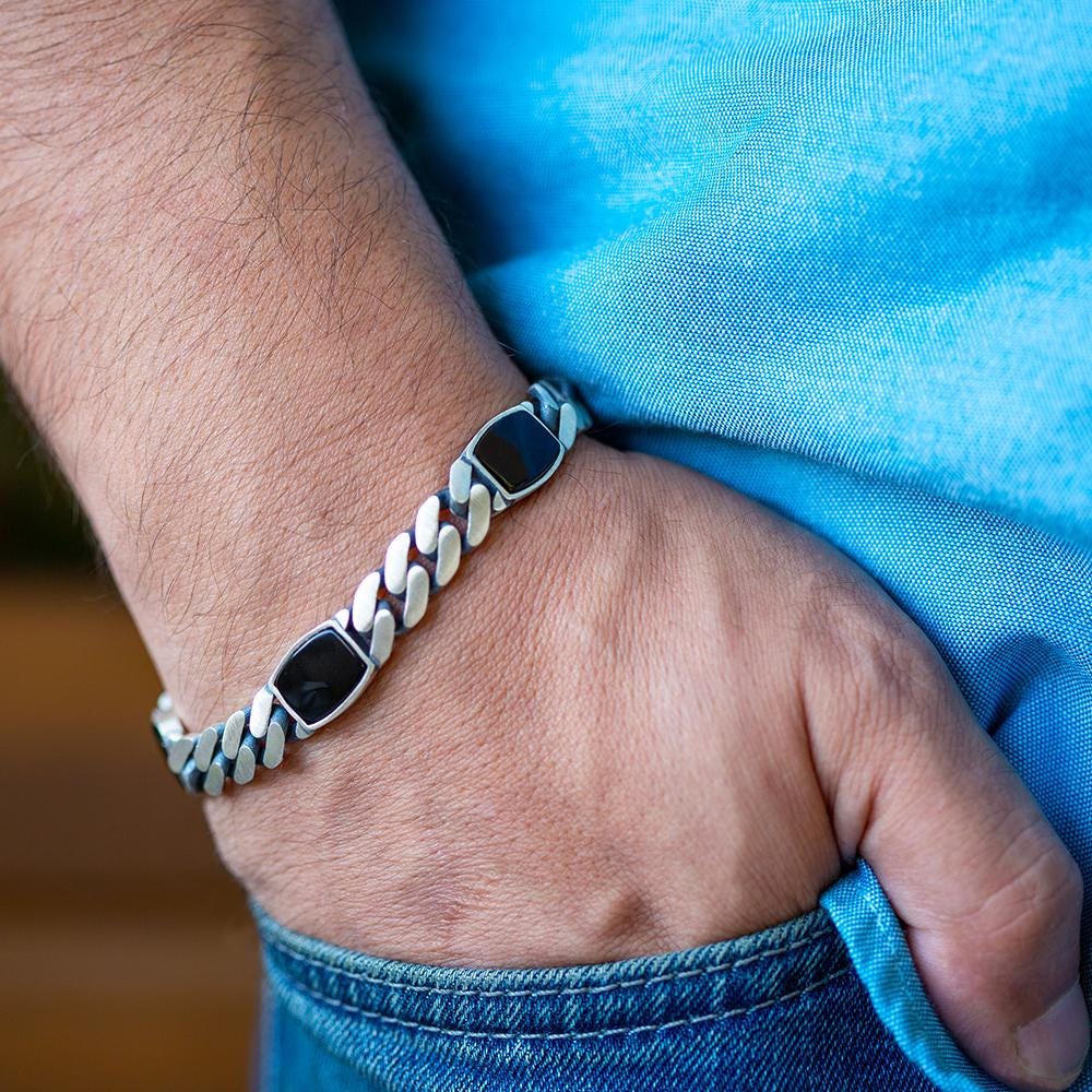925 Silver Black Onyx Chain Bracelet, Square Onyx Curb Chain