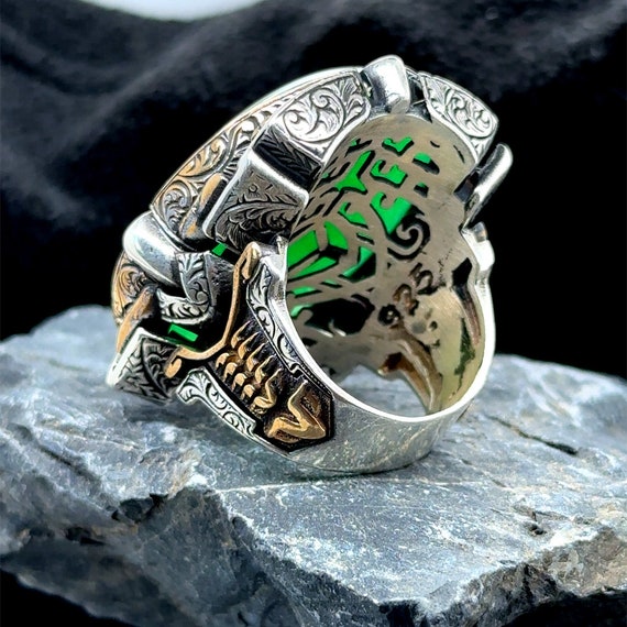 Silver Large Jade Stone Ring , Natural Green Jade Stone Ring