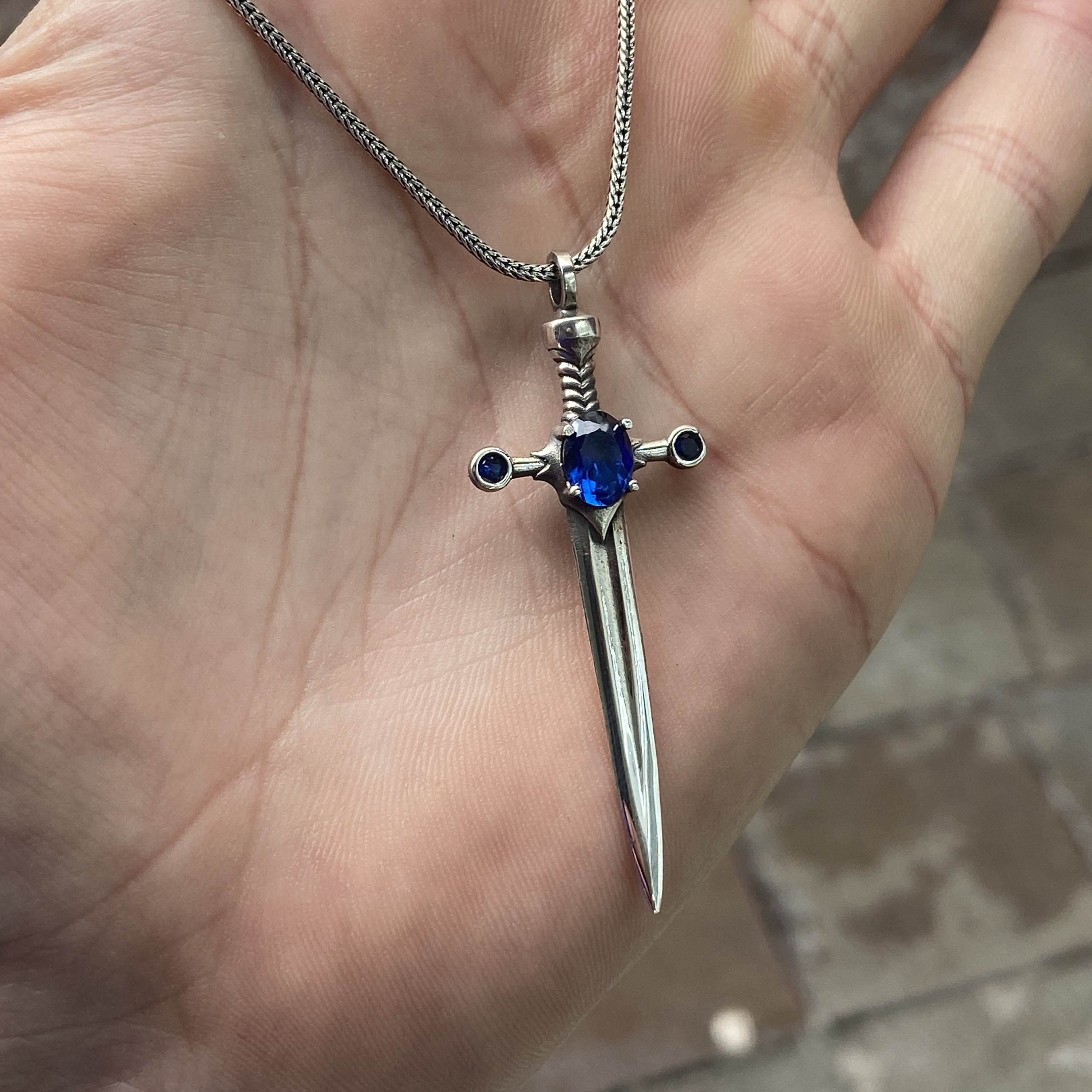 Silver Sword Pendant , Sapphire Stone Sword Necklace , Silver