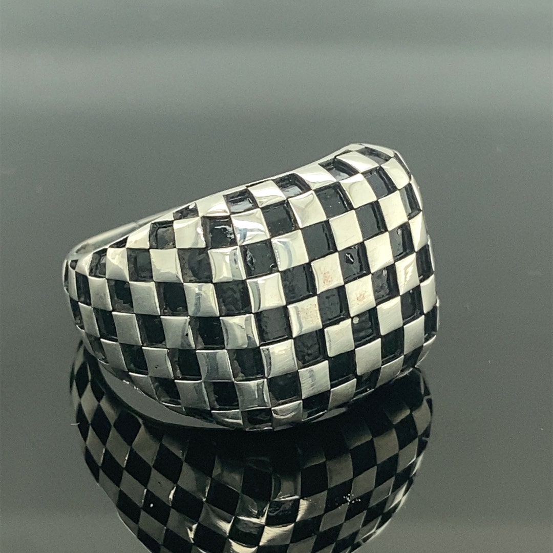 Silver Handmade Checkered Ring , Racing Design Ring , Silver Men Band ...
