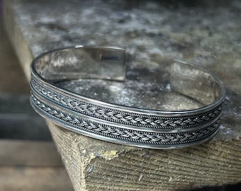 Pulsera de plata, pulsera hecha a mano con patrón de tejido, pulsera bordada de plata, brazalete de plata hecho a mano, plata de ley 925k