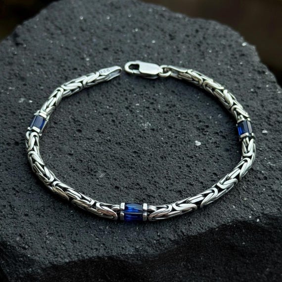 925 Sterling Silver Sapphire Byzantine Bracelet, 4MM Heavy King