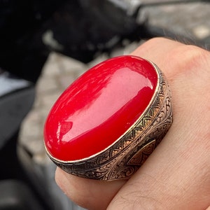 Anillo de jade rojo para hombre, anillo de plata con piedra grande, anillo bordado estilo otomano, anillo turco de plata esterlina hecho a mano, regalo para él
