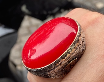 Anel de pedra de jade vermelho masculino, anel de pedra grande de prata, anel bordado estilo otomano, anel de prata esterlina feito à mão turco, presente para ele