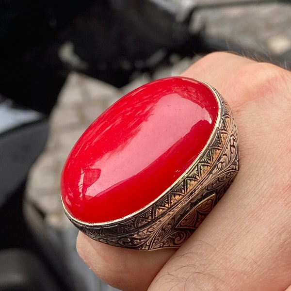 Man Red Jade Stone Ring , Silver Large Stone Ring , Ottoman Style Embroidered Ring ,  Turkish Handmade Sterling Silver Ring , Gift For Him