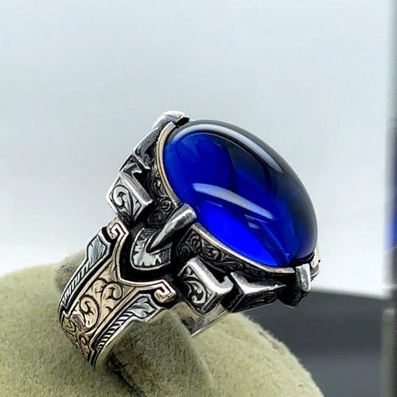 Men Blue Stone Ring , Oval Sapphire Stone Ring , Turkish Handmade