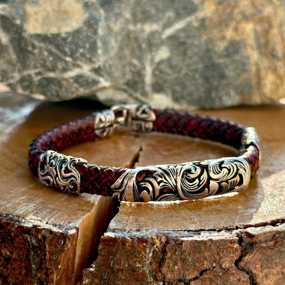 Silver Leather Bracelet , Unique Red Leather Silver Bracelet