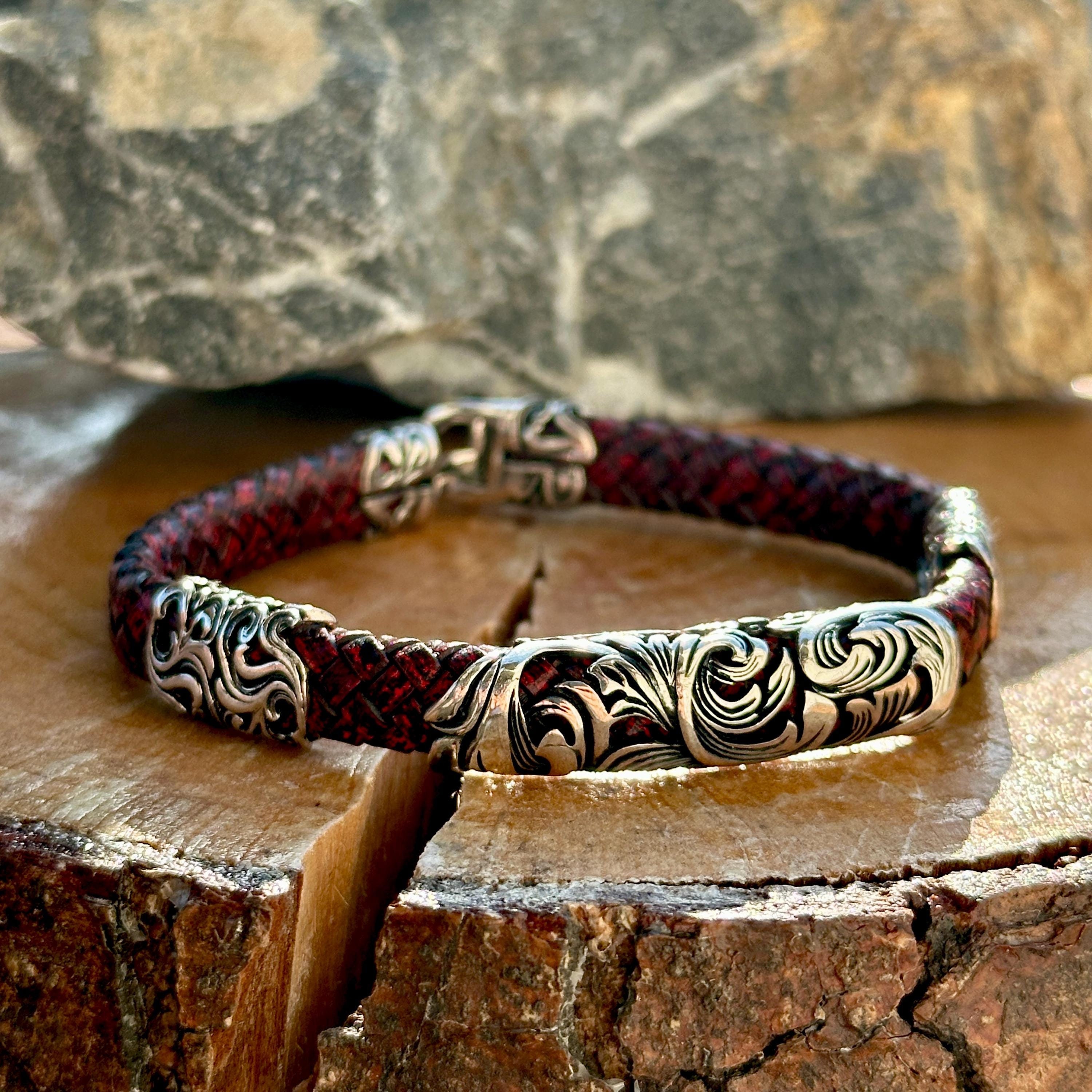 Silver Leather Bracelet , Unique Red Leather Silver Bracelet