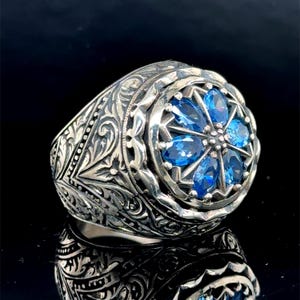 Men Silver Aquamarine Ring,  Engraved Turkish Handmade Ottoman Ring, Blue Aquamarine Stone Ring, Vintage Men Ring, 925 Sterling Silver