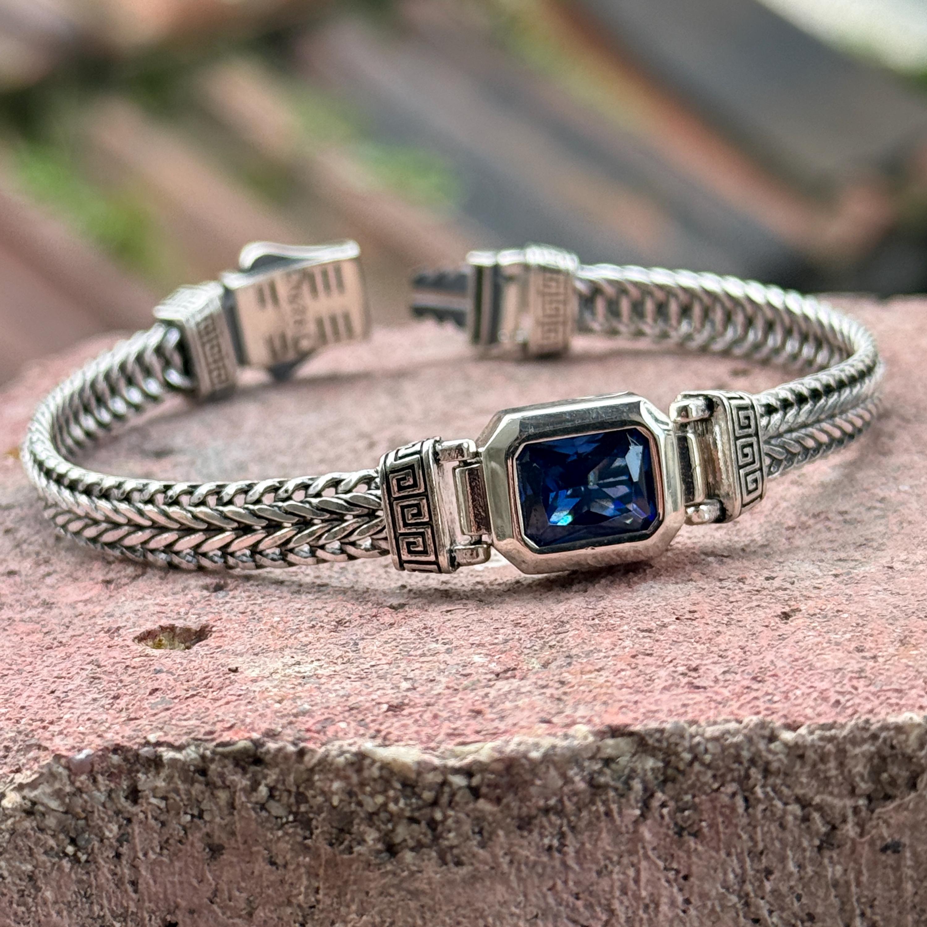 Men Sapphire Stone Chain Bracelet, Mens Blue Sapphire Foxtail