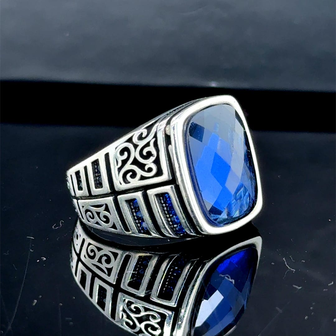 Men Silver Sapphire Blue Stone Ring, Blue Sapphire Men's Ring, Unique ...