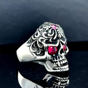 925 Sterling Silver Skull Ring, Ruby Eyes Skull Head Ring, Biker Skull Ring, Skull Jewelry, Huge Skull Ring, Unisex Skull Ring, Perfect Gift