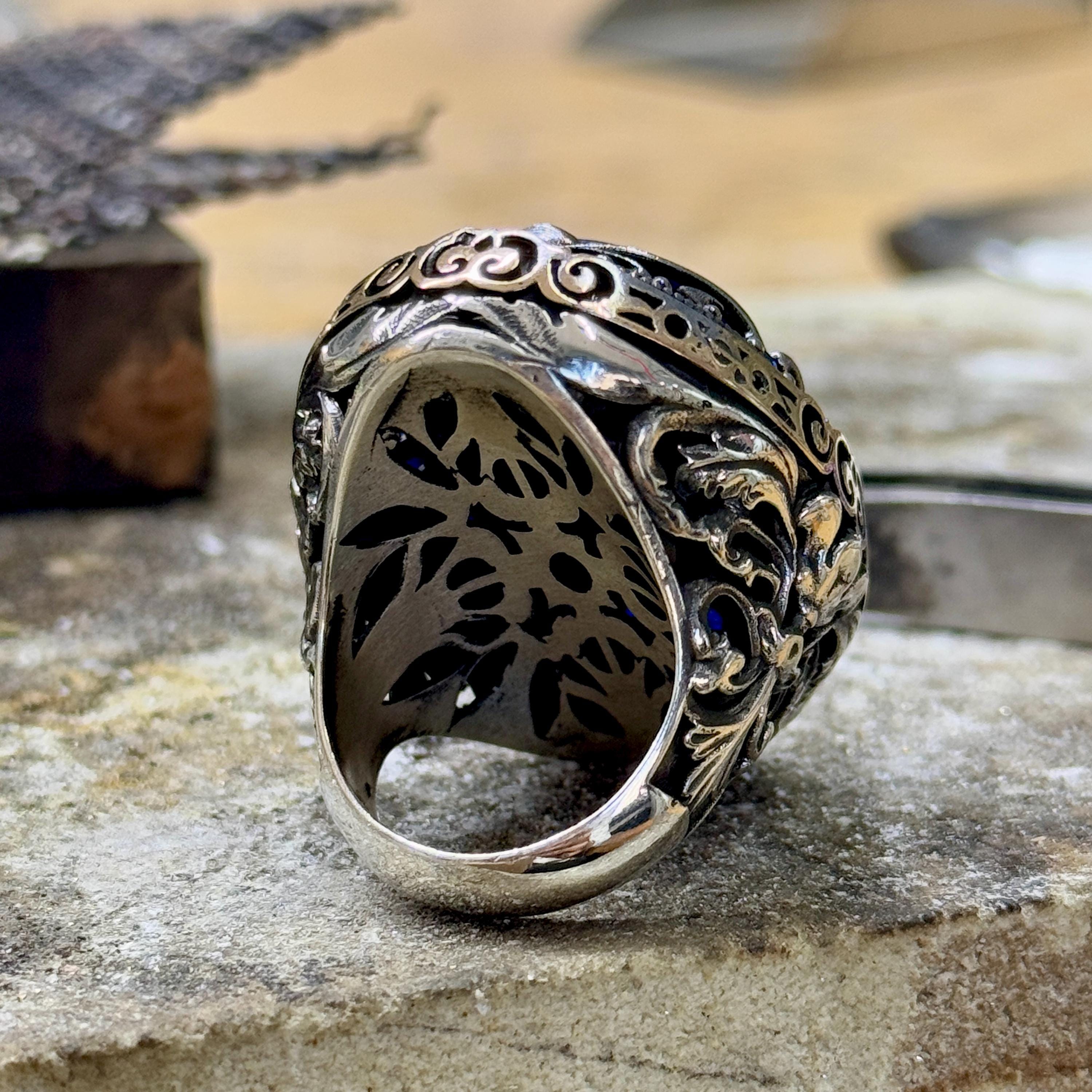 Silver Natural Lapis Lazuli Ring, Silver Sapphire Stone Men Ring