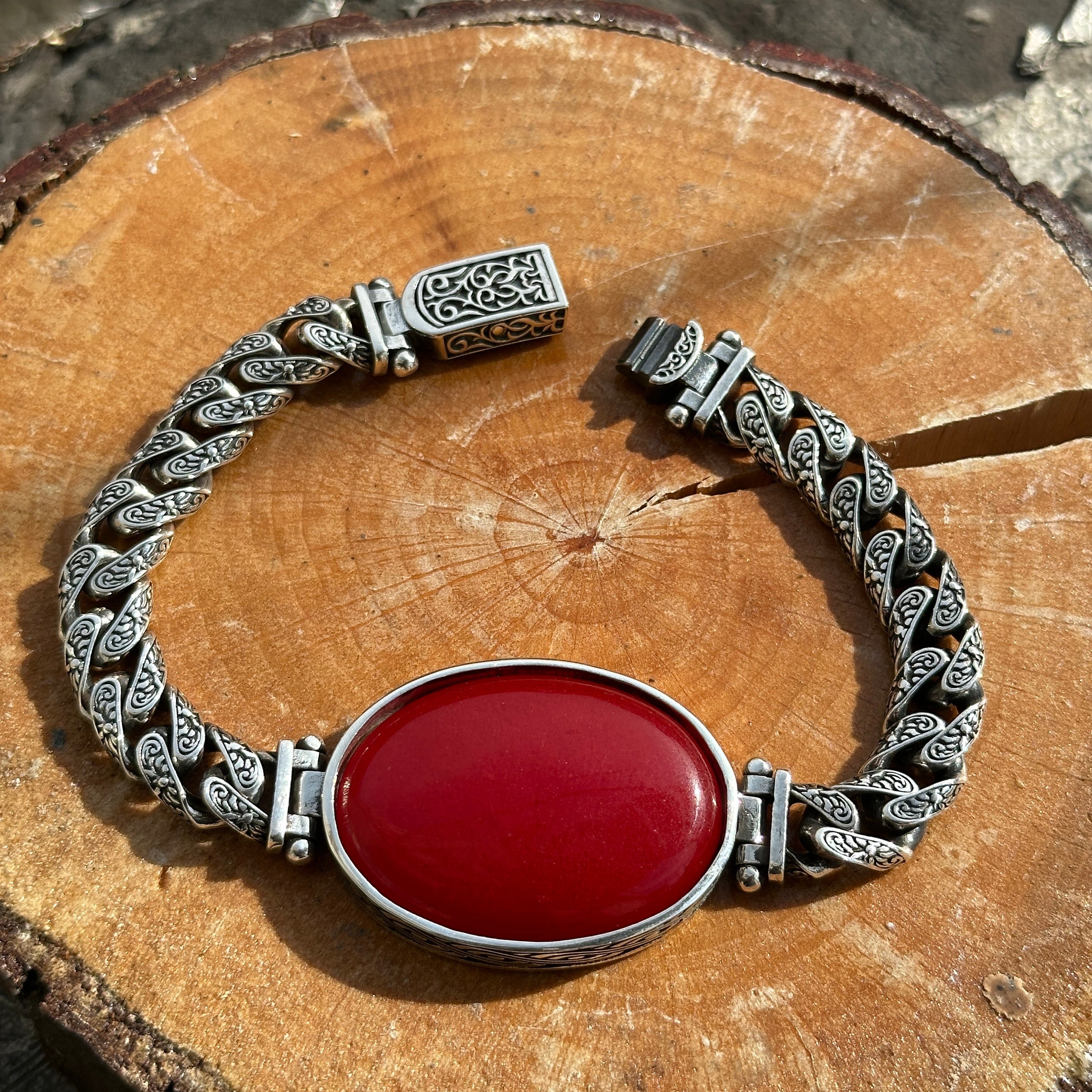 Silver Handmade Thick Chain Bracelet , Large Jade Stone Silver Handmade Thick Chain Bracelet , Large Jade Stone