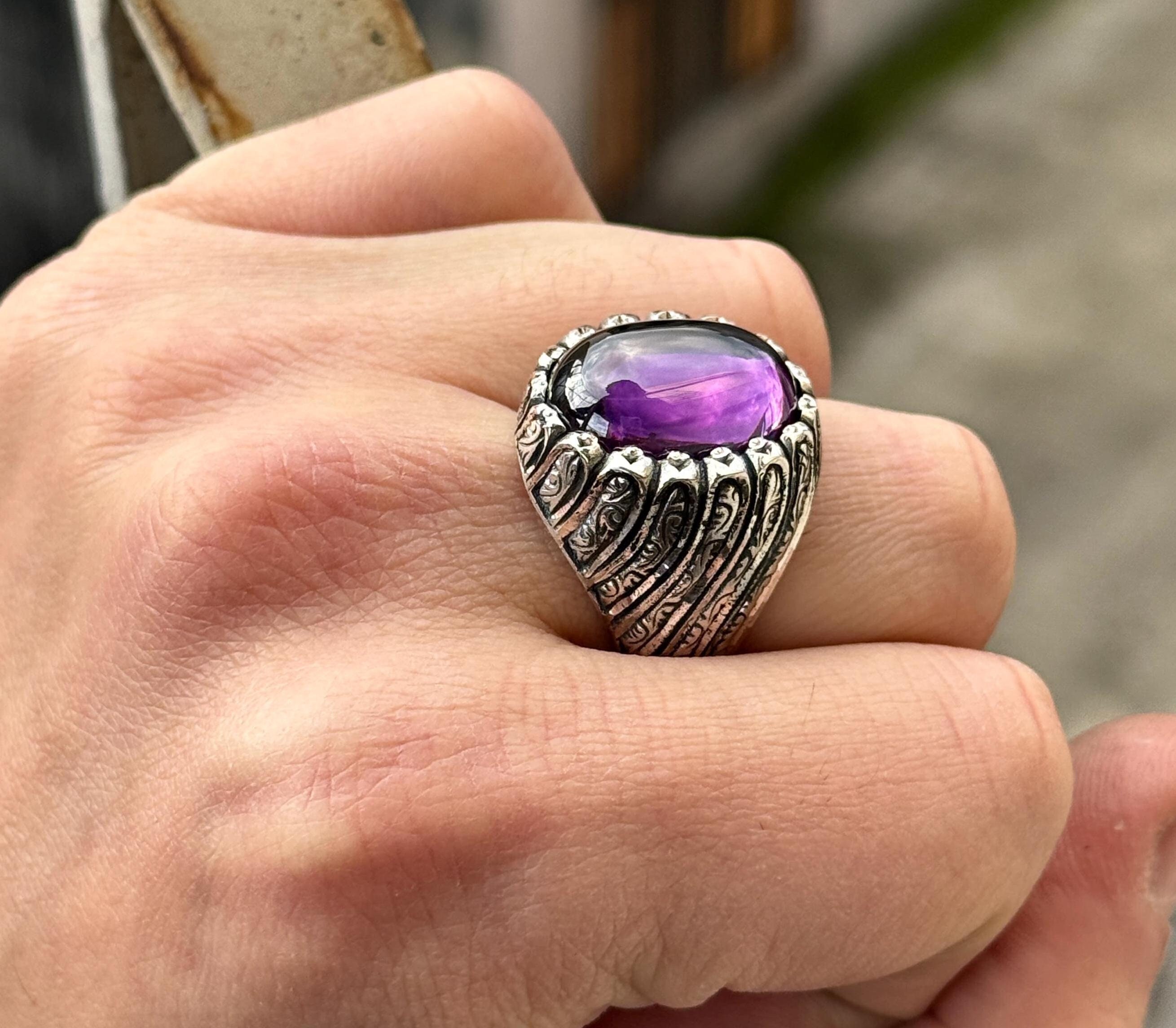 Silver Amethyst Ring, Men Engraved Silver Ring, Ottoman Men Ring, Turkish Handmade Silver Ring, 925k Sterling Silver Ring, Gift For Men