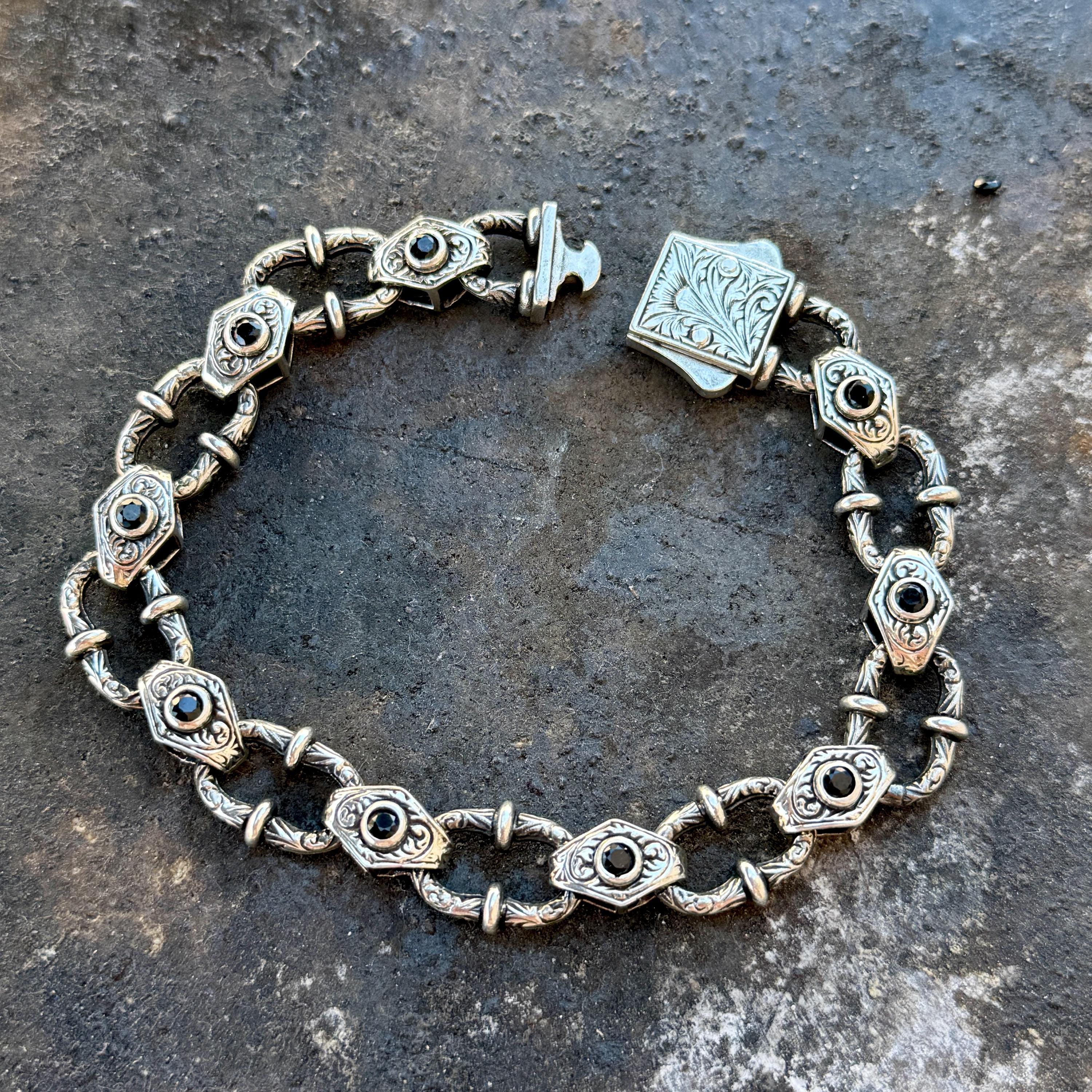 シルバー925チェーンリンク ブレスレット　オニキス 925シルバーオニキスストーンチェーンリンクブレスレット、手彫り