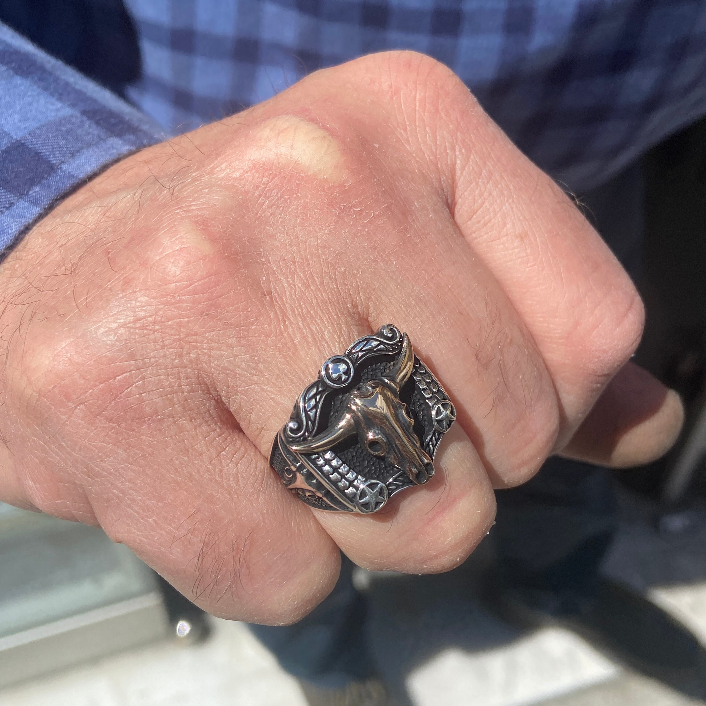 Bull Ring , Silver Bull Head Signet Men's Ring , Handmade