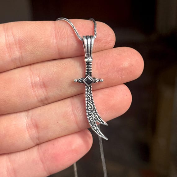 Men Silver Zulfiqar Necklace, Minimal Onyx Stone Sword Necklace