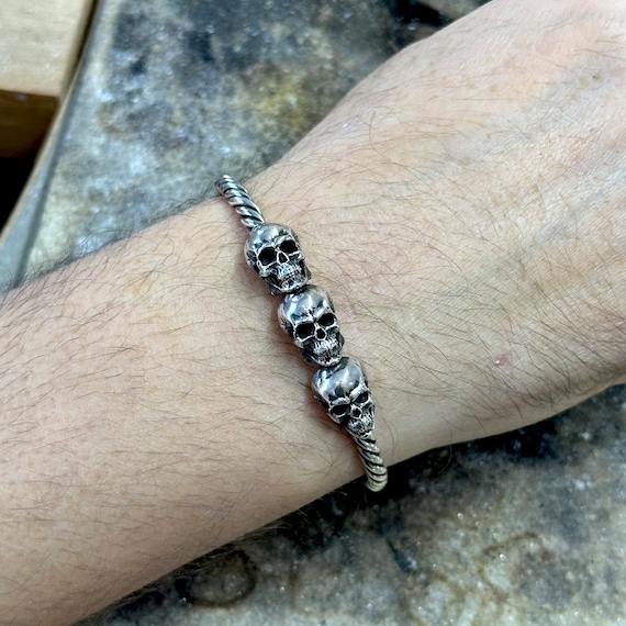 Silver Skull Head Cuff Bracelet , Triple Skull Bracelet , Silver