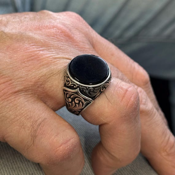 Silver Black Onyx Ring, Black Onyx Signet Ring, Round Mens Ring