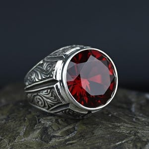 Men Silver Round Garnet Stone Ring, Red Gemstone Men Signet Ring, Ottoman Style Handmade, Ruby Signet Ring, Father Day Gift, Gift For Men