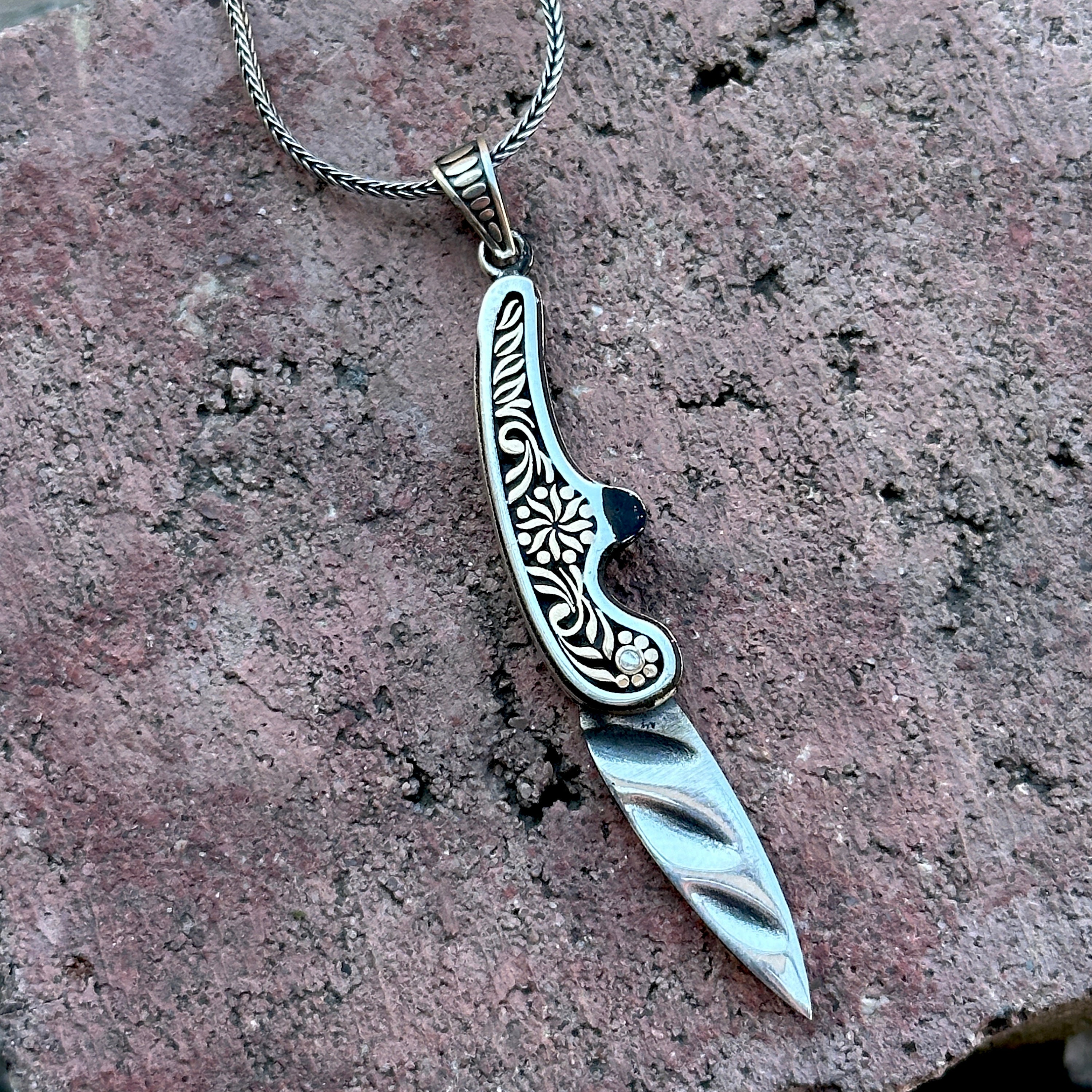 Silver Foldable Dagger Knife Necklace , Silver Dagger