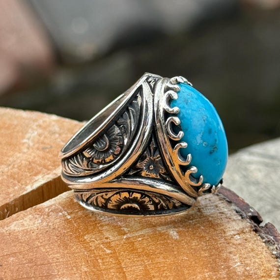 Silver Natural Turquoise Ring, Sterling Silver Engraved Men Ring