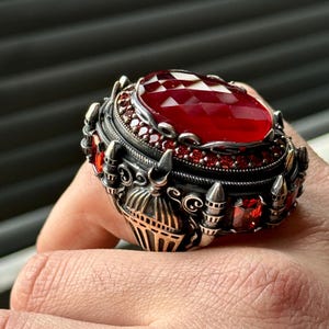 Men Silver Islamic Mosque Ruby Ring, Large Garnet And Ruby Stone Ottoman Ring, Turkish Handmade Large Ring, Gift For Men, Unique Men Gift