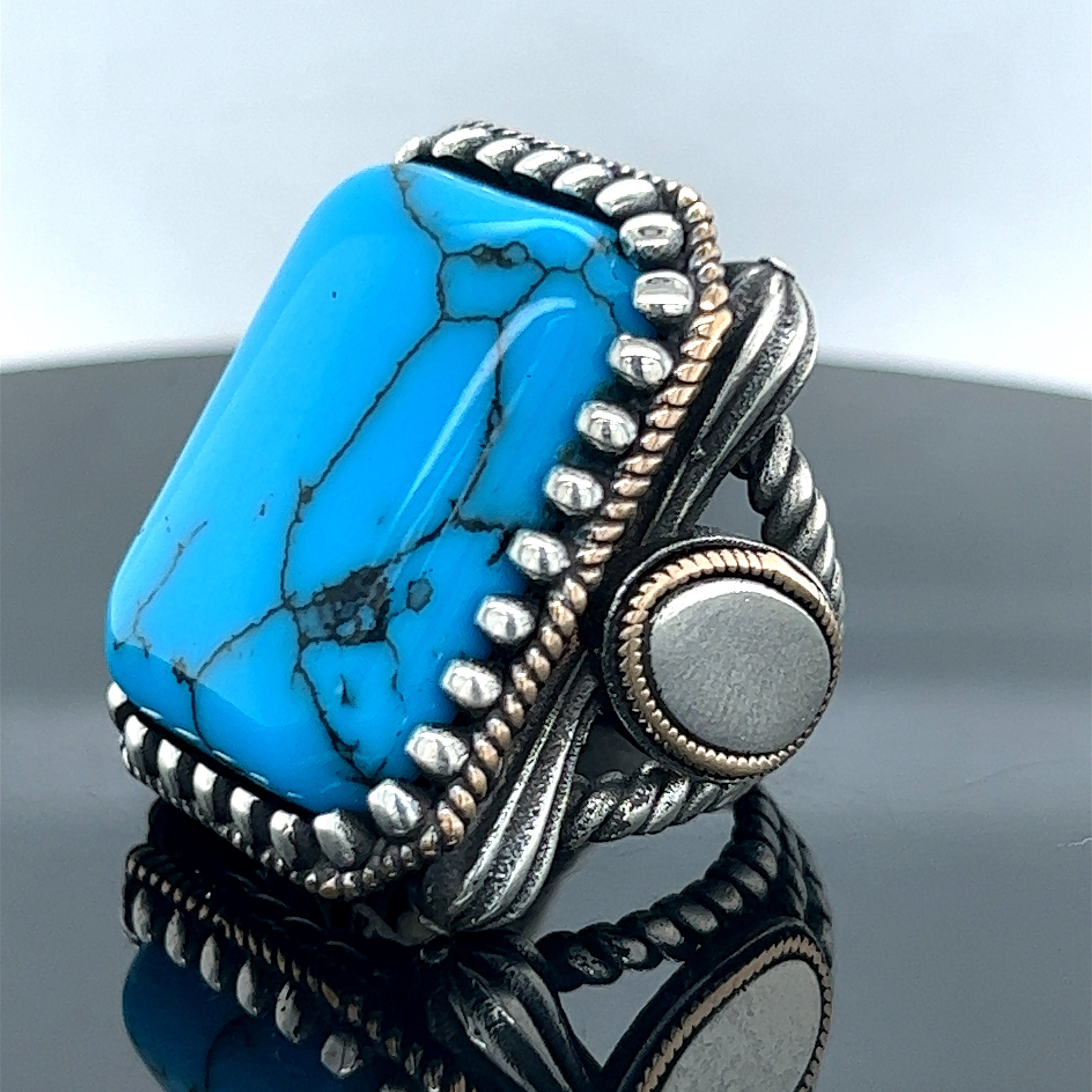 Silver Turquoise Stone Ring , Man Large Turquoise Gemstone Ring , Large ...