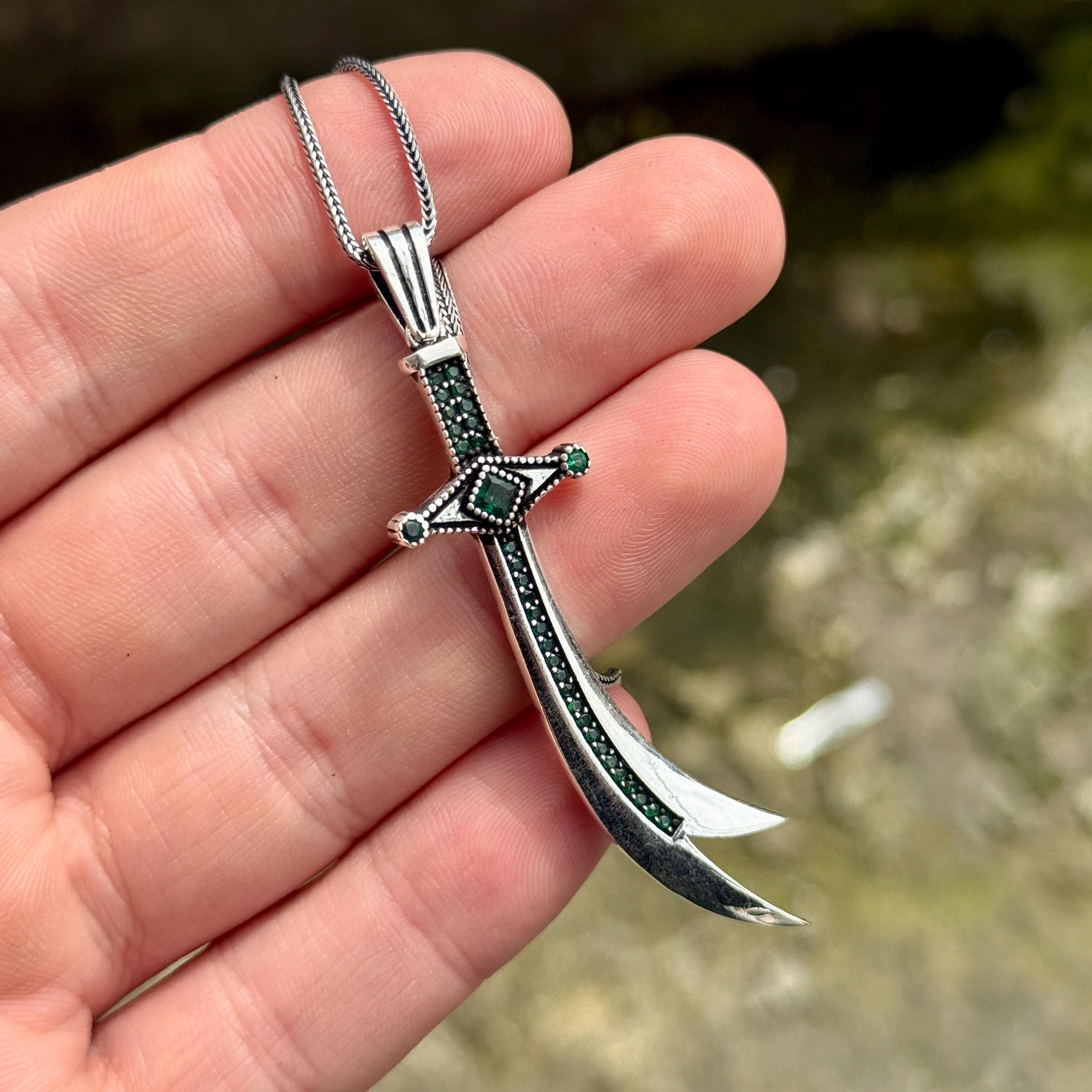 Men Silver Zulfiqar Necklace, Handmade Green Stone Sword Necklace
