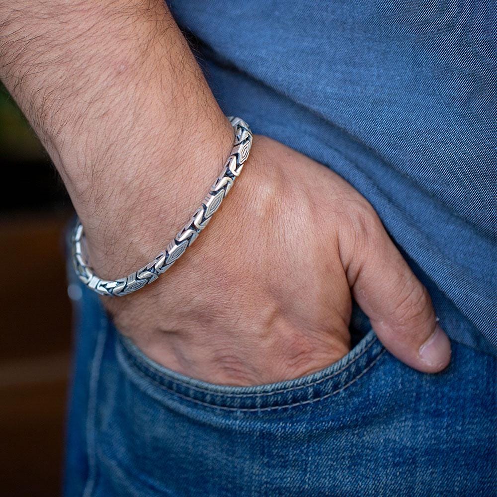925 Sterling Silver Byzantine Chain Bracelet, Men Silver Thick