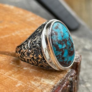 Men Natural Turquoise Ring, Sterling Silver Turquoise Ring, Engraved Mens Ring, Engagement Ring, Signet Ring Men, Gift For Men , 925 Silver