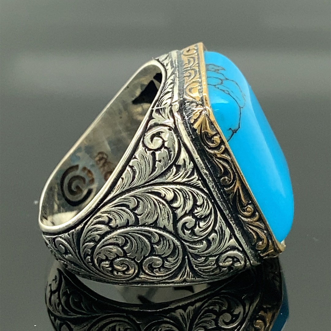 Man Sterling Silver Ring , Turquoise Stone Ring , Natural Stone ...