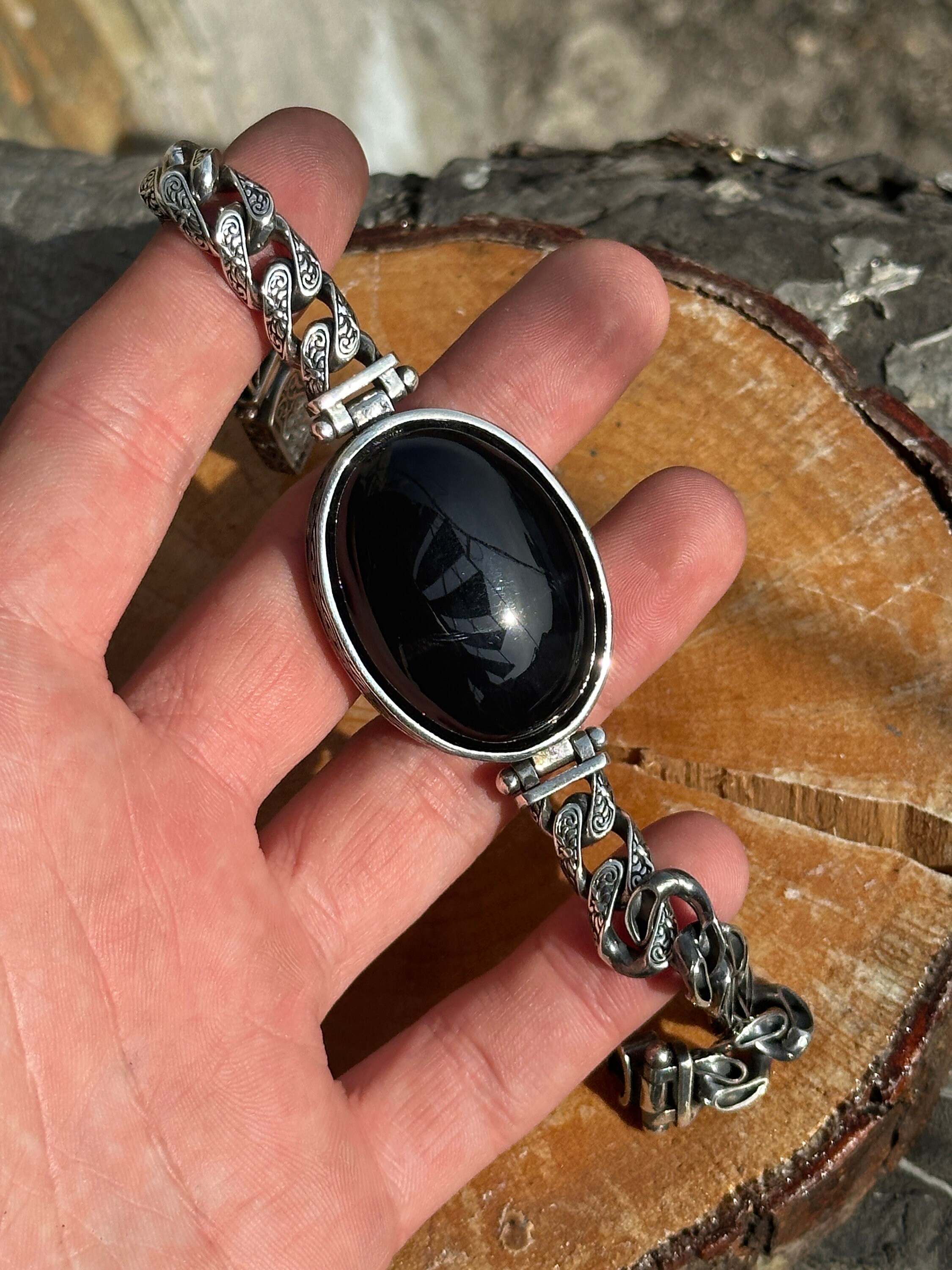 Man Large Onyx Chain Bracelet , Black Onyx Bracelet