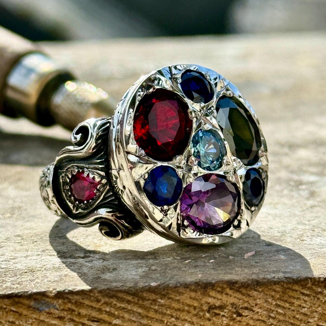 Artisan Crafted Multi Stone Ring, Men Floral Engraved Statement Ring ...