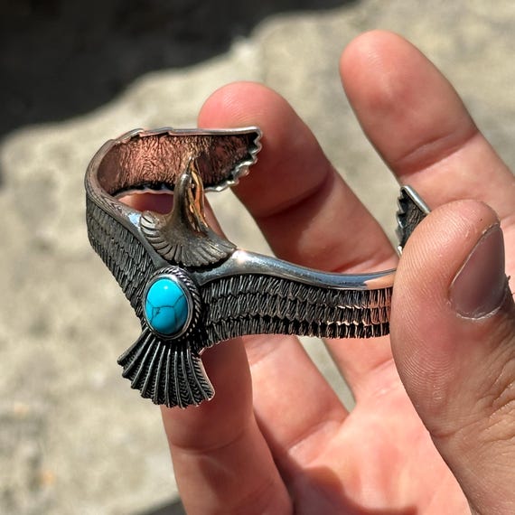 Silver Turquoise Stone Eagle Bracelet, Wild Eagle Cuff