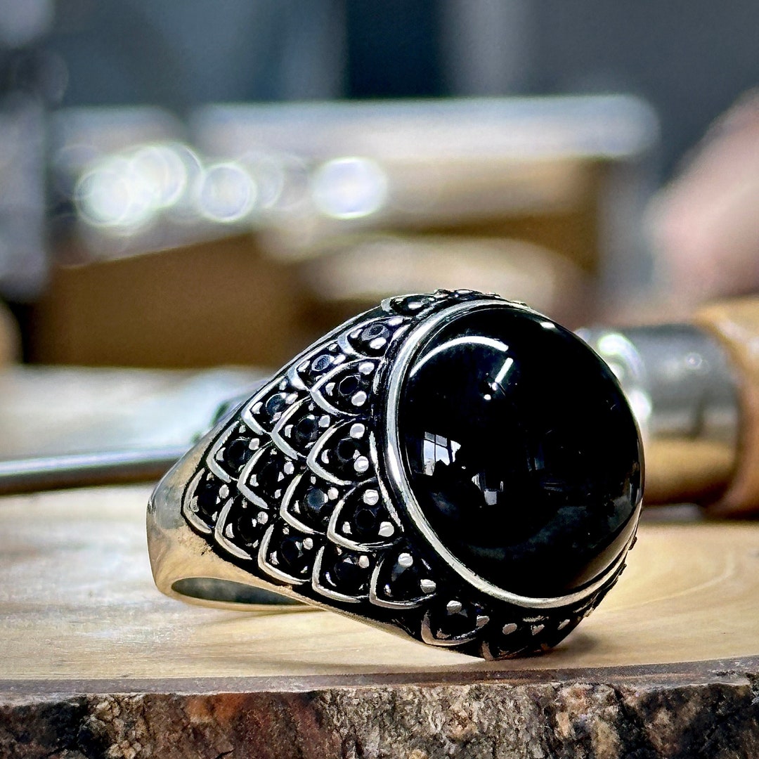 メンズ ブラック オニキス シグネットリング、ラウンド オニキス