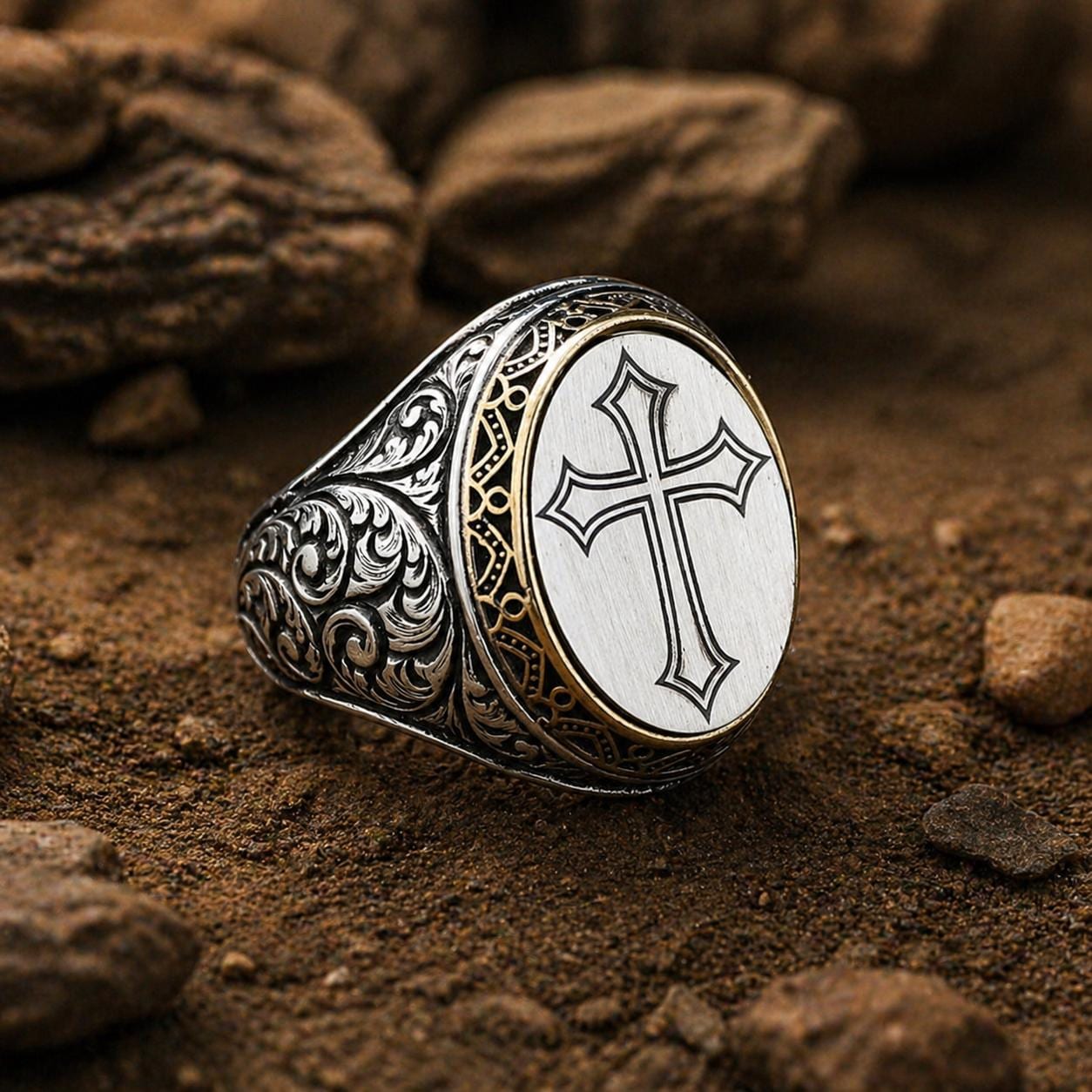 Handmade Silver Christian Cross Ring, Engraved Silver Christian