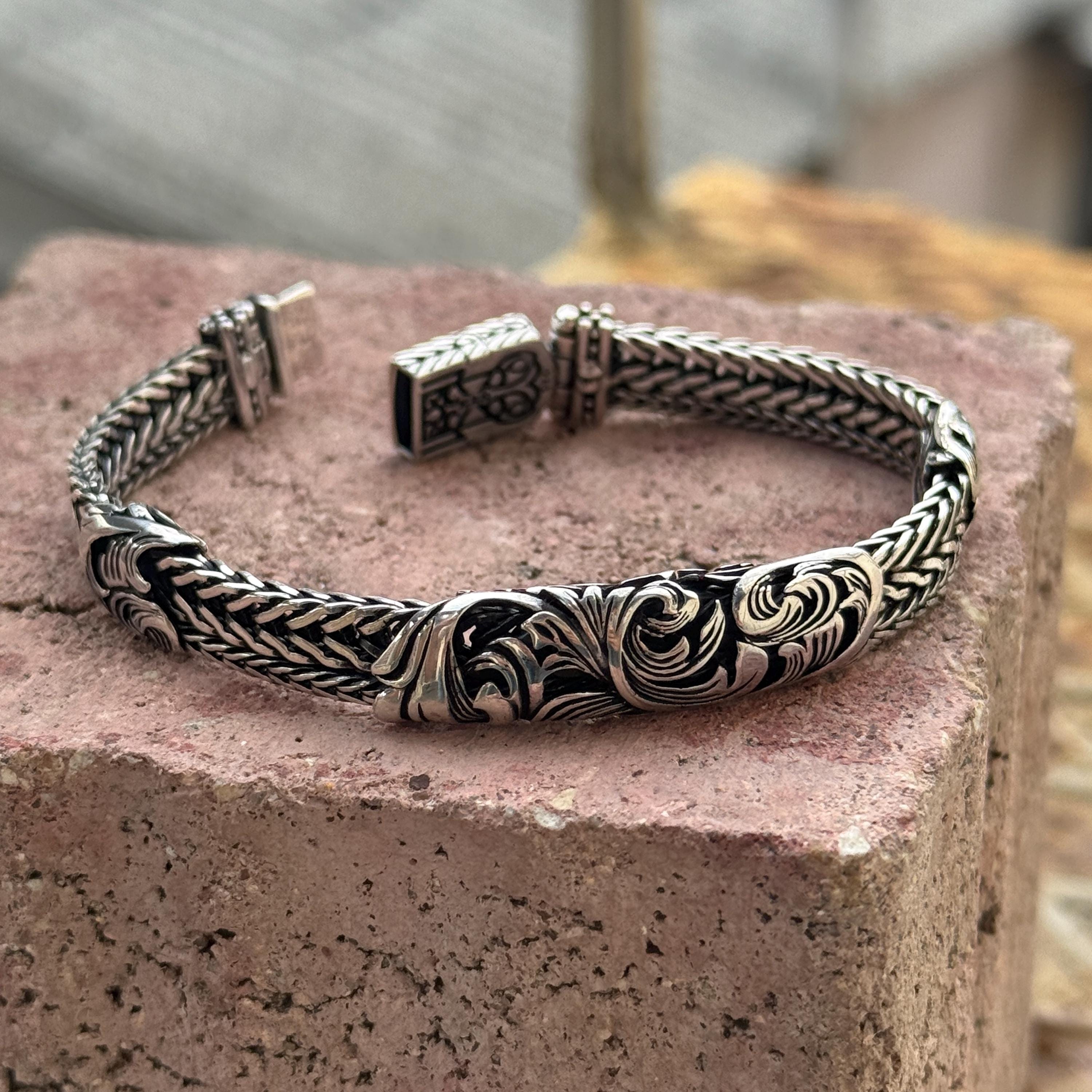 Sterling Silver Engraved Bracelet, Foxtail Chain Bracelet, Han