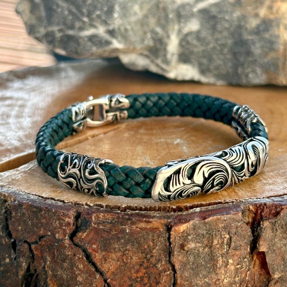 Silver Handmade Leather Bracelet, Green Leather Bracelet, Engraved