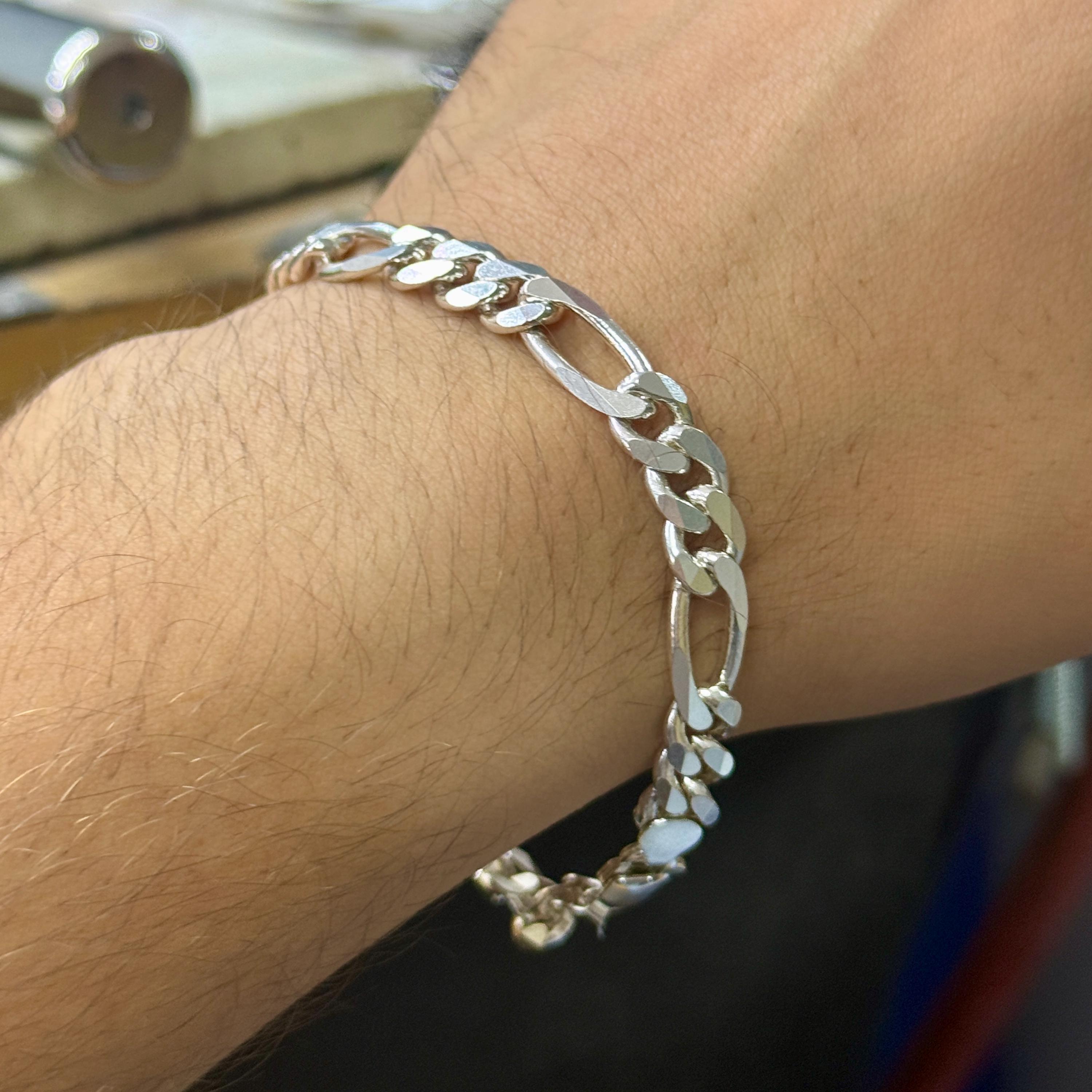 Silver 10mm Figaro Bracelet, Men Chain Link Bracelet, Silver