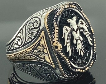 Man Handmade  Ottoman Ring , Silver Eagle Ring , Double Headed Eagle Ring , Solid 925k Sterling Silver Men For Gifts
