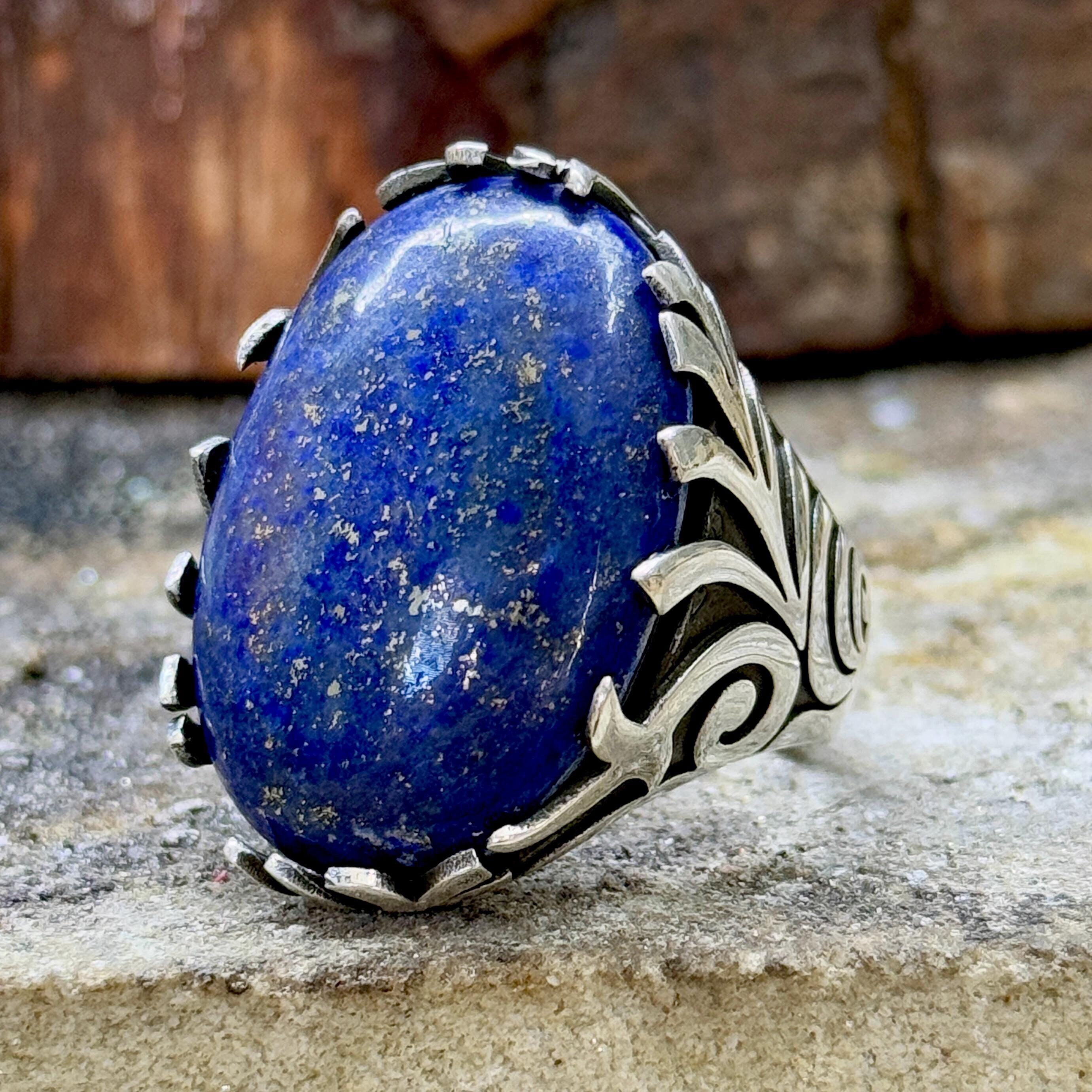 Men Silver Natural Lapis Lazuli Ring, Large Lapis Ring , Turkish