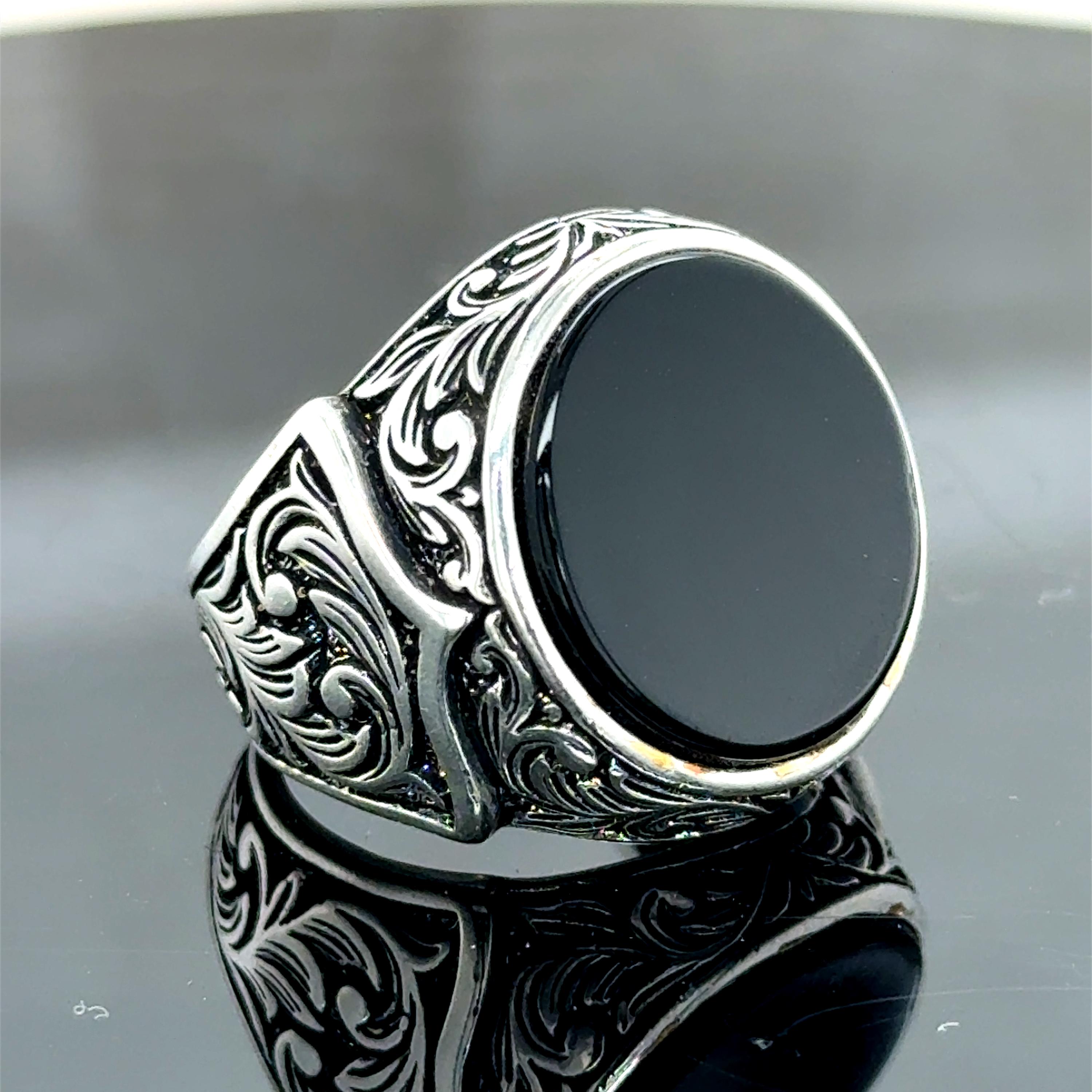 Silver Black Onyx Ring, Black Onyx Signet Ring, Round Mens Ring