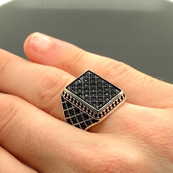 Men Handmade Silver , Black Stone Ring ,Square Stone Ring, Turkısh Handmade Ring , Zircon Stone Ring , Ottoman Style Ring , Gift For Him
