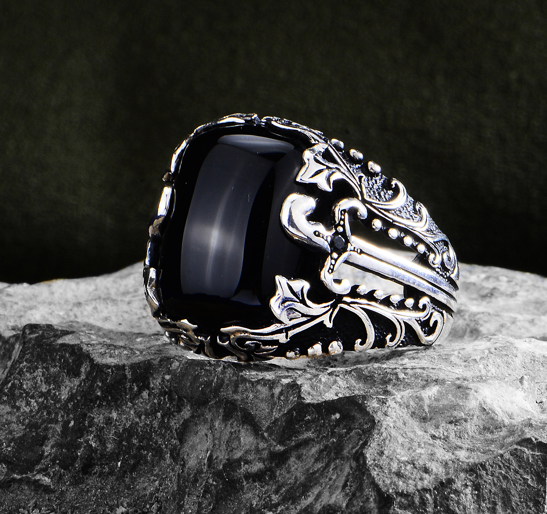 Silver Onyx Ring, Men Handmade Sword Black Onyx Ring, Onyx Signet