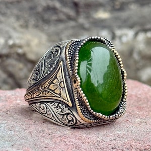 Männer Silber Oval Jade Edelsteinring, türkischer handgemachter Männerring, gravierter Jade Edelsteinring, grüner Jadering, Geschenk für Männer, 925er Silberring