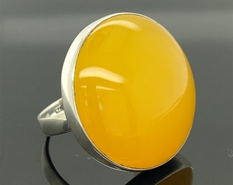 Silver Yellow Agate Sterling Silver Ring ,  Round Yellow Gemstone Ring , Big  Agate Ring ,  Agate Gemstone Ring ,  925k Silver Ring